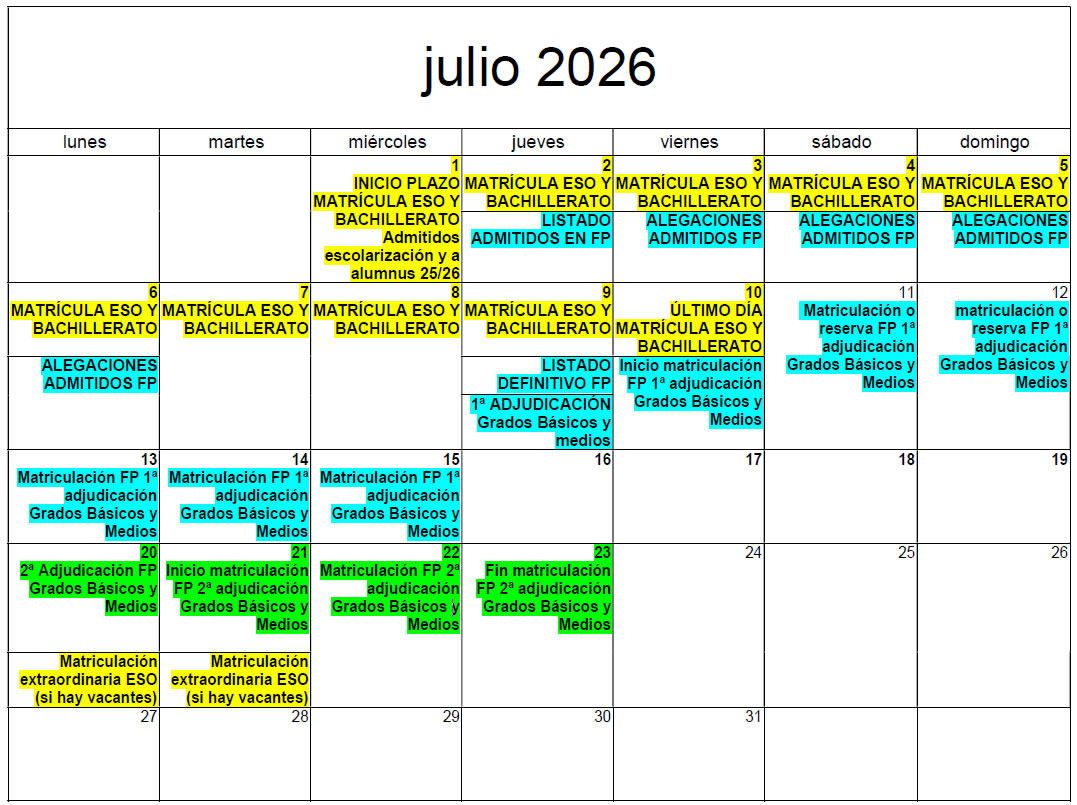 Calendario Julio