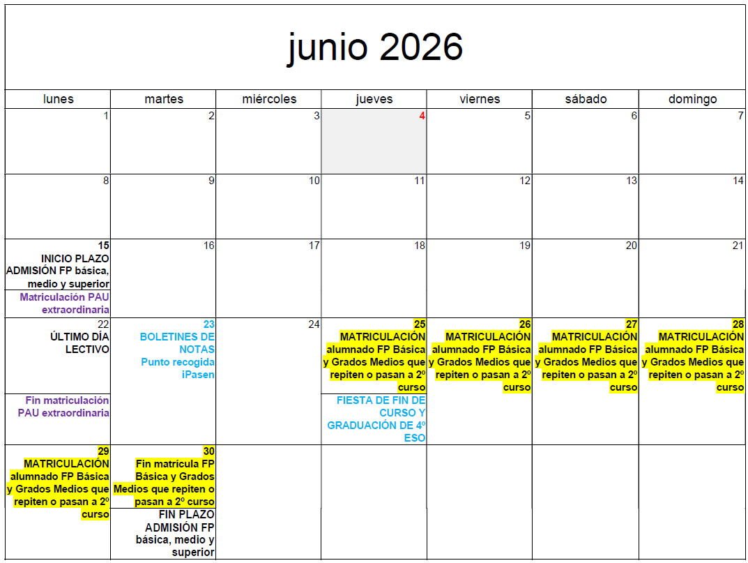 Calendario Junio